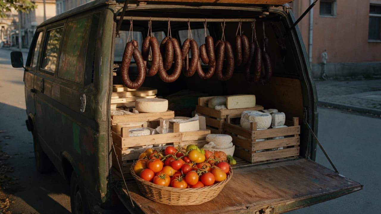 Отвореният бус с сирена, колбаси и домати